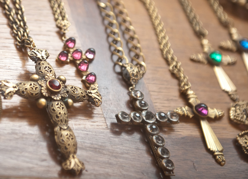 Dust PR AW13 Press Day Vintage Seekers cross crucifix necklaces, costume jewellery, gold with red, clear, purple glass stones