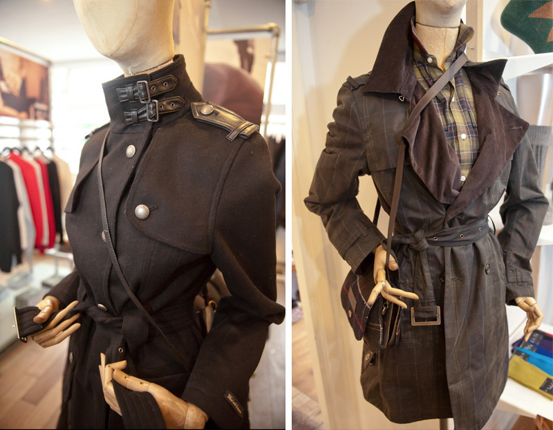 Dust PR AW13 Press Day, Barbour black military wool trench coat with leather detailing & brown checked waxed cotton trench jacket with shirt