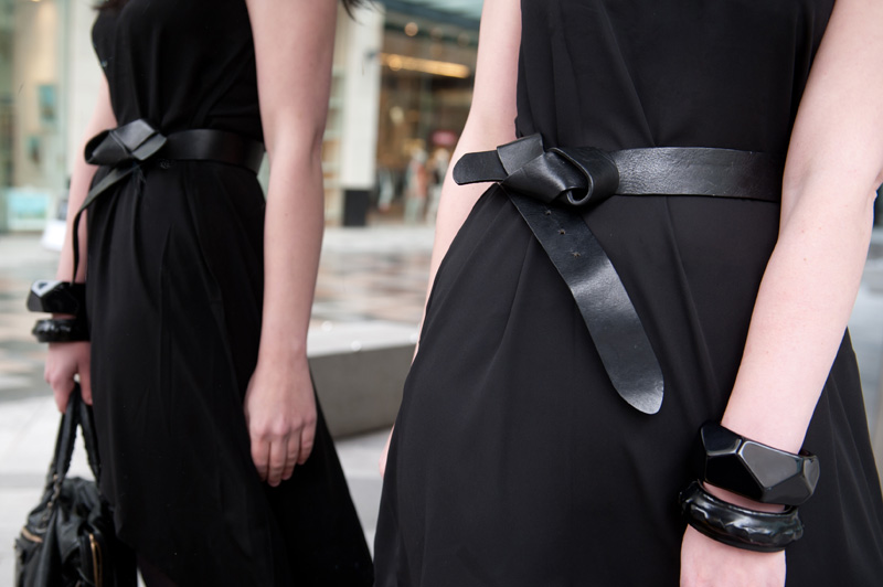 Fashion Blogger FAIIINT wearing Glamorous dip hem dress from MeeMee, H&M Knotted Belt, ASOS & Angie Gooderham bangles