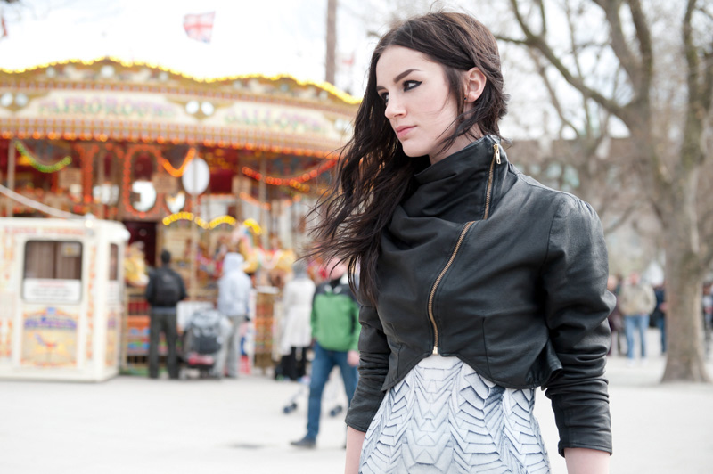 Fashion blogger FAIIINT wearing handmade DIY draped cropped leather jacket, Georgia Hardinge for River Island Design Forum printed tee shirt dress Sci fi, gothic, dark street style