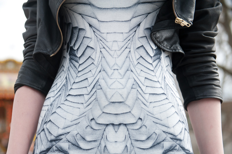 Fashion blogger FAIIINT wearing handmade DIY draped cropped leather jacket, Georgia Hardinge for River Island Design Forum printed tee shirt dress, Sci fi, gothic, dark street style