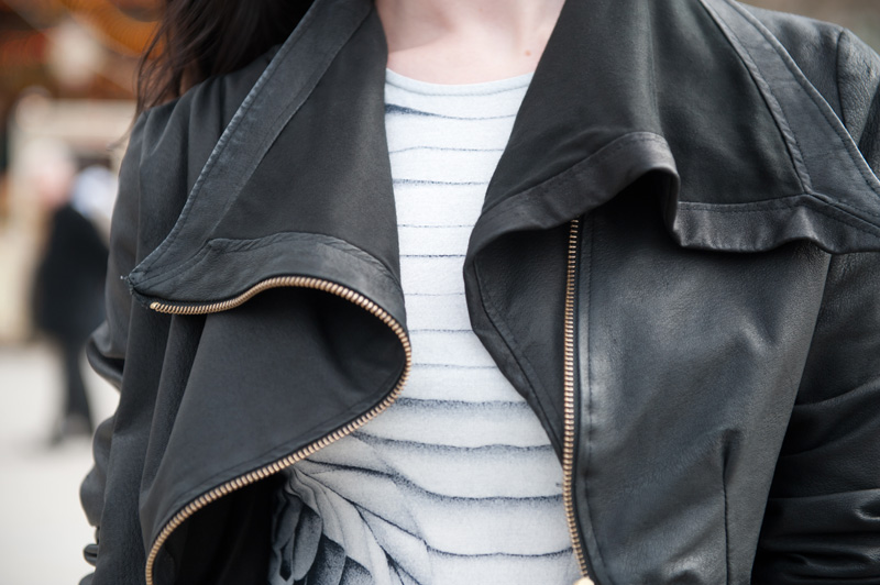 Fashion blogger FAIIINT wearing handmade DIY draped cropped leather jacket, Georgia Hardinge for River Island Design Forum printed tee shirt dress Sci fi, gothic, dark street style