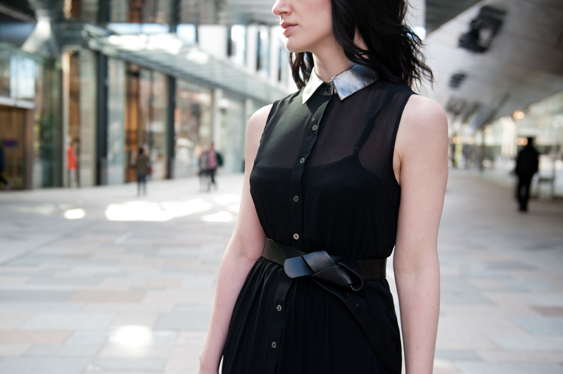 Fashion blogger FAIIINT wearing Goldie pewter metallic leather collar chiffon shirt dress c/o stylistpick, H&M leather knotted belt, details