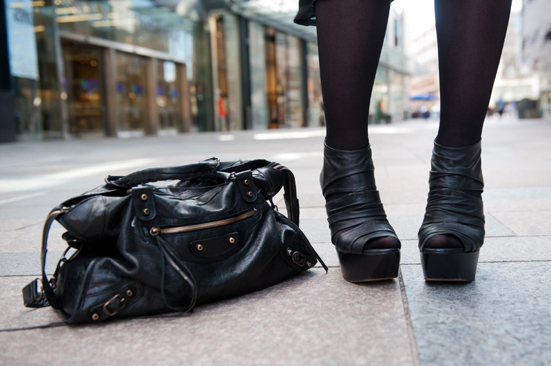 Fashion blogger FAIIINT wearing Topshop Boutique bandage leather platform wedges, balenciaga city bag.