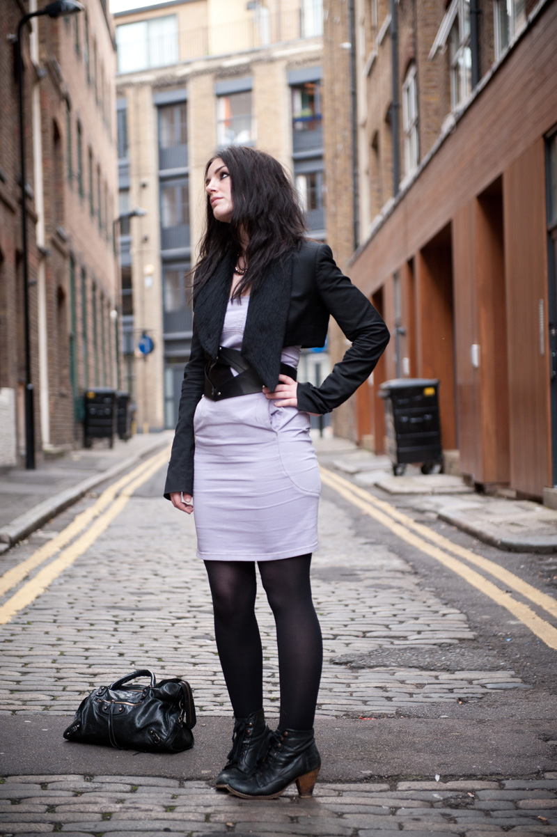 Ballad Of Candy Pop Outfit Ballad Of, Magazine, Candy Pop, Baby K, ASOS, Lilac, Dress, Denim, Topshop, Black, Cropped, Tux, Jacket, COS, Belt, Topshop, Lace Up, Boots, Balenciaga City, Bag, Ligia Dias, Necklace