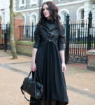 Gothic Street Style Outfit - FAIIINT Handmade Cropped & Draped Leather Jacket with ASOS Maxi Dress, Rick Owens Cut Out Wedges & Balenciaga City Bag