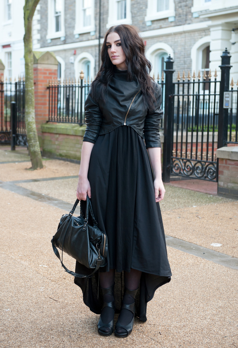 Gothic Street Style Outfit - FAIIINT Handmade Cropped & Draped Leather Jacket with ASOS Maxi Dress, Rick Owens Cut Out Wedges & Balenciaga City Bag