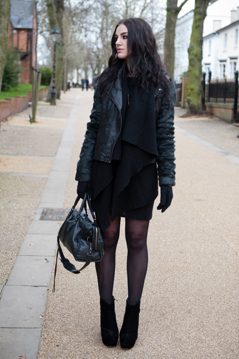 Fashion Blogger FAIIINT wearing ASOS Black Leather & Faux Fur Biker Jacket, ASOS Chunky Draped Cardigan, Stylistpick Velvet Boots & Balenciaga City. Gothic street style.
