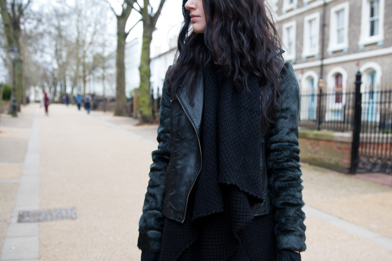 Fashion Blogger FAIIINT wearing ASOS Black Leather & Faux Fur Biker Jacket, ASOS Chunky Draped Cardigan. Gothic street style. Details.