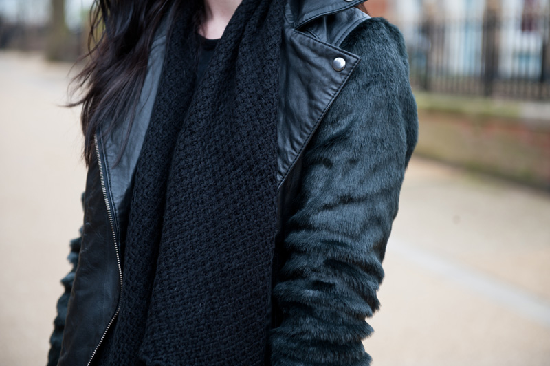 Fashion Blogger FAIIINT wearing ASOS Black Leather & Faux Fur Biker Jacket, ASOS Chunky Draped Cardigan. Gothic street style. Details.