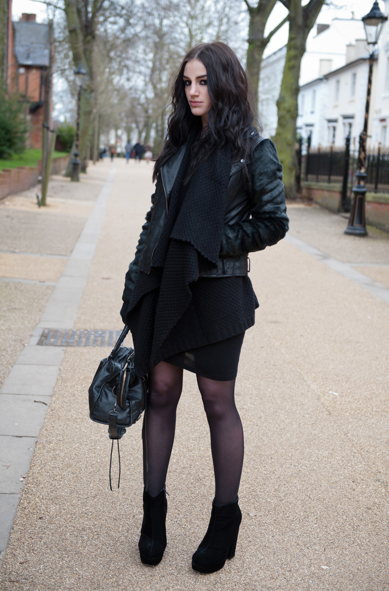 Fashion Blogger FAIIINT wearing ASOS Black Leather & Faux Fur Biker Jacket, ASOS Chunky Draped Cardigan, Stylistpick Velvet Boots & Balenciaga City. Gothic street style.