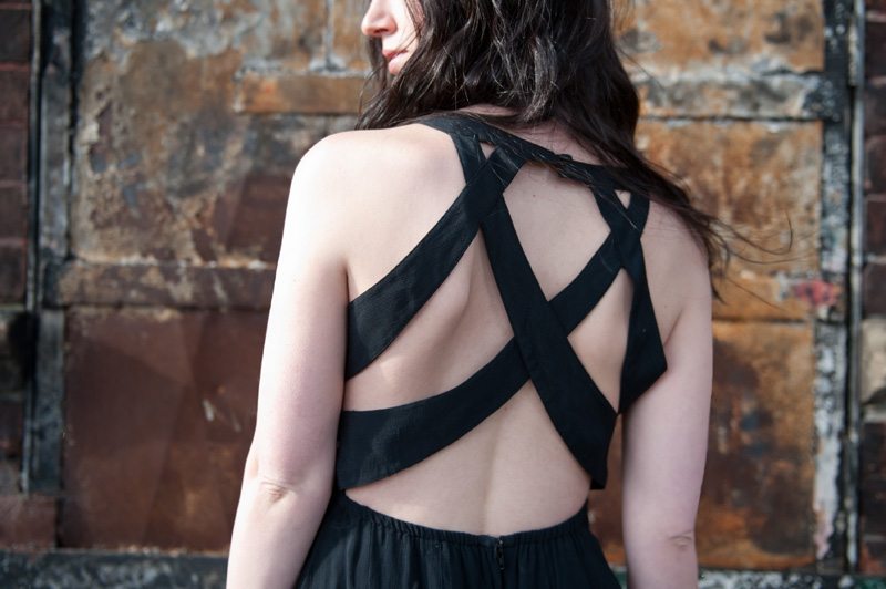 FAIIINT wearing 18 & East strappy black dress, back detail