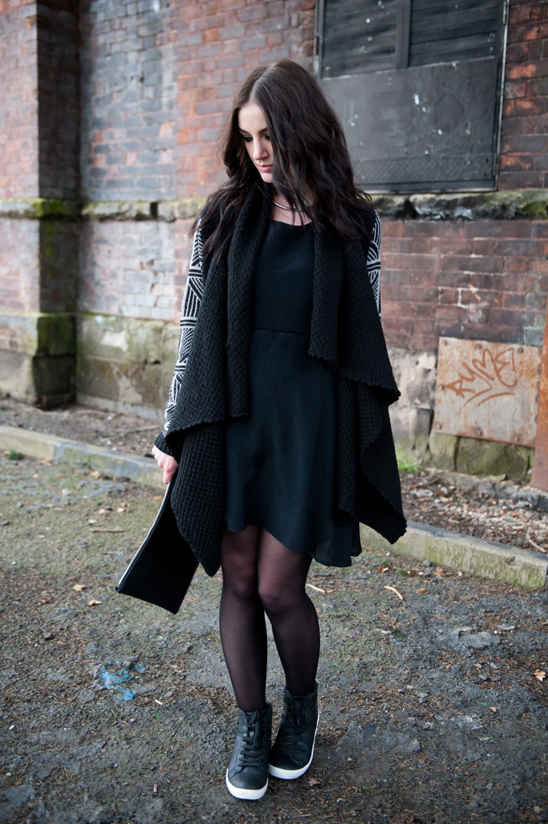 r FAIIINT wearing Stylistpick avery high top studded sneakers shoes, 18 & East dress, ASOS draped chunky cardigan with geometric patterned sleeves, casual black outfit