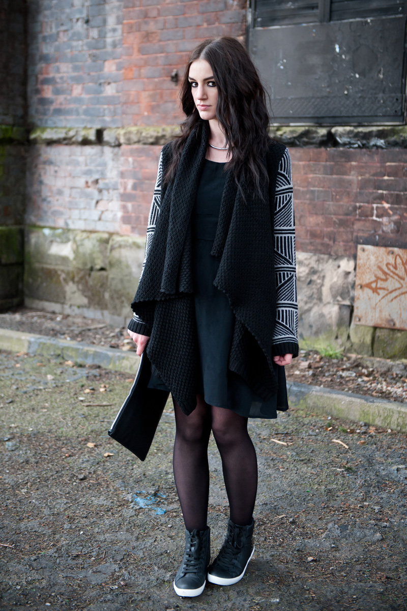 Fashion Blogger FAIIINT wearing Stylistpick avery high top studded sneakers shoes, 18 & East dress, ASOS draped chunky cardigan with geometric patterned sleeves, casual black outfit