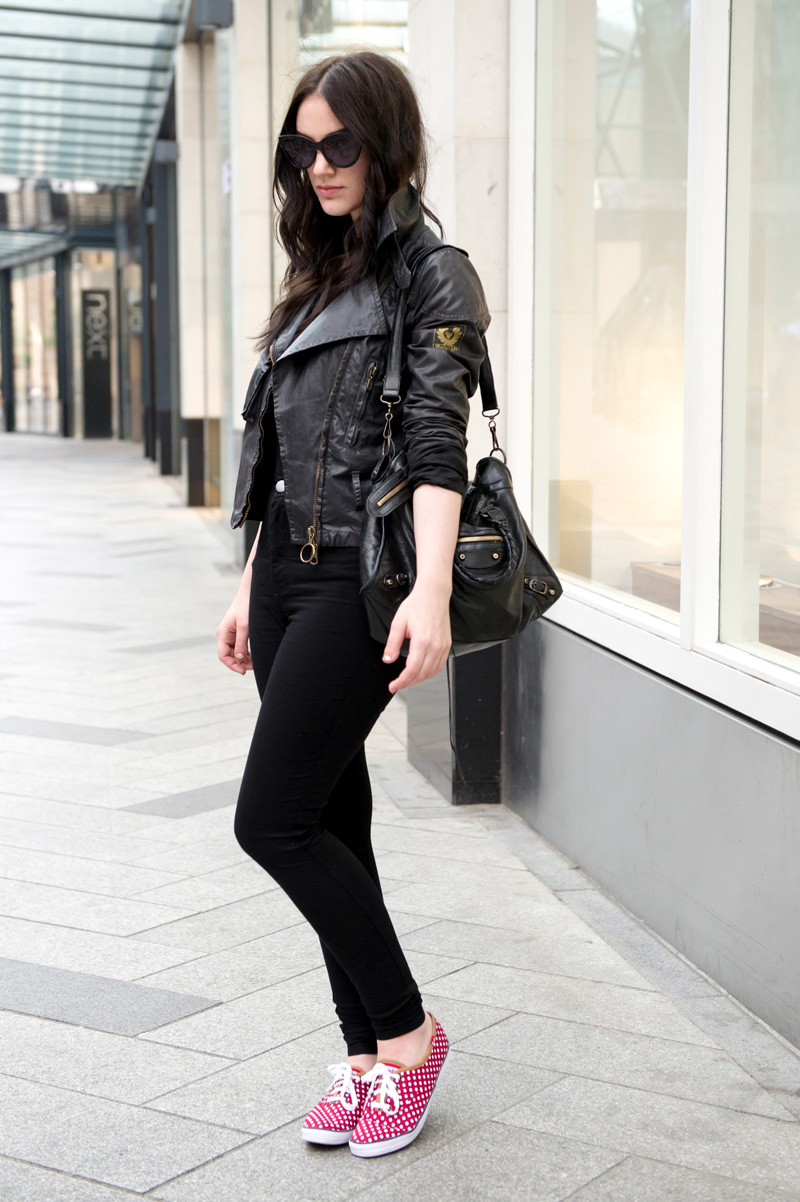Fashion blogger stephanie of FAIIINT wearing Belstaff waxed cotton sammy miller biker jacket, ASOS tank top & hightwaisted jeans, red & white polkadot spotty Keds, Balenciaga city bag, Allsaints cateye sunglasses Outfit