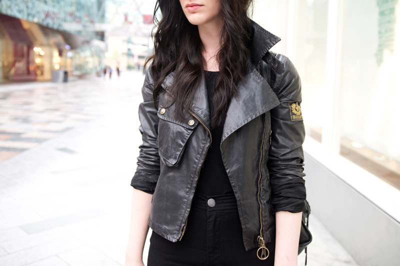 Fashion blogger stephanie of FAIIINT wearing Belstaff waxed cotton sammy miller biker jacket, ASOS tank top & hightwaisted jeans
