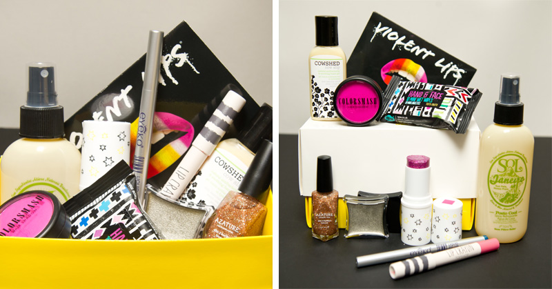 FAIIINT Selfridges Festival Beauty Box : Topshop lip crayon in Powder Room - Sol de Janeiro Coconut Water Cooling Mist - Eyeko Skinny Liquid Eyeliner in Navy - Coloursmash Hair Shadow in Je Ne Sais Quoi - Violent Lips Lip Appliques in Warm Rainbow - Illamasqua Liquid Metal in Surge - Azature nail polish in Champagne - Cowshed anti-bacterial hand gel - NPW mini scented hand & face wet wipes - NPW chubby glitter stick in Pink
