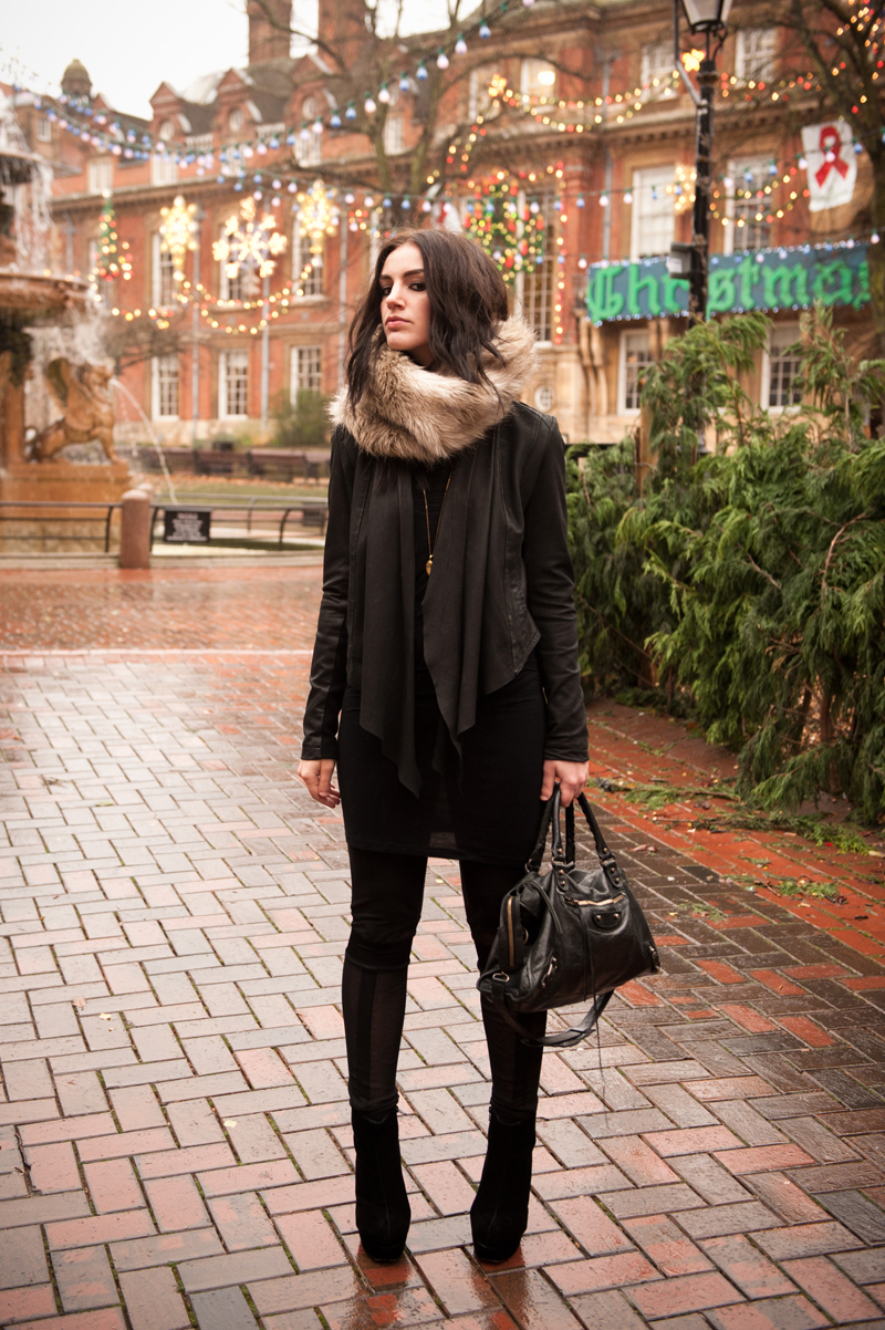 FAIIINT Outfit FAIIINT, Outfit, Fur, Snood, Leather, Jacket, Draped, Barneys New York, ASOS, Dress, Natalie Encarnita, Leggings, Mesh, Panels, Cut Outs, StylistPick, Eleonora, Boots, Velvet, Black, Grey, Taupe, Cream, Balenciaga, Bag, City