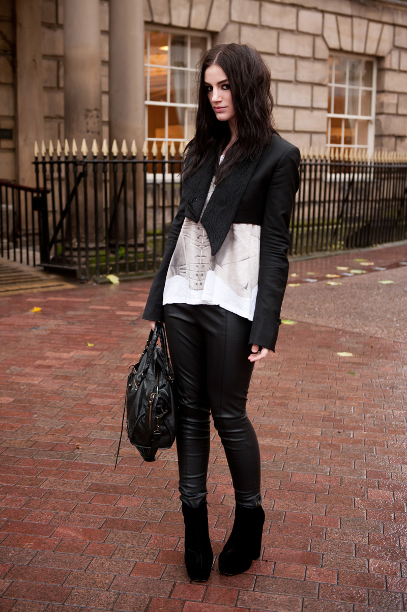 Fashion Blogger FAIIINT wearing Todd Lynn for Topshop Cropped Tux Jacket, Sass & Bide corset print tee, River Island faux leather leggings, Stylistpick velvet boots, Balenciaga city bag