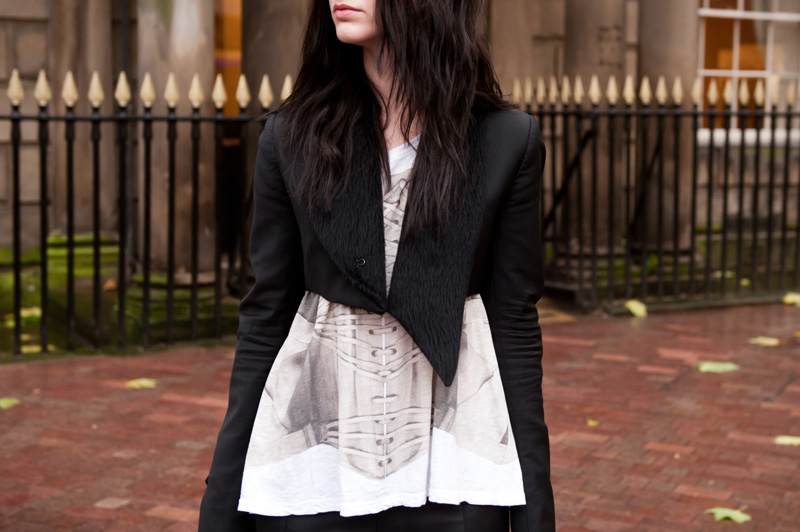 Fashion Blogger FAIIINT wearing Todd Lynn for Topshop Cropped Tux Jacket, Sass & Bide corset print tee, River Island faux leather leggings, Stylistpick velvet boots, Balenciaga city bag
