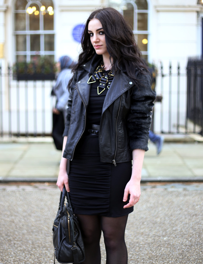 Fashion Blogger FAIIINT wearing Moxham Anubis Necklace, Topshop Boutique Dress, ASOS Leather & Faux Fur Jacket, Balenciaga Bag, ASOS Belt, All Black, Street Style. Photo courtesy of Kylie at Memoir Mode.