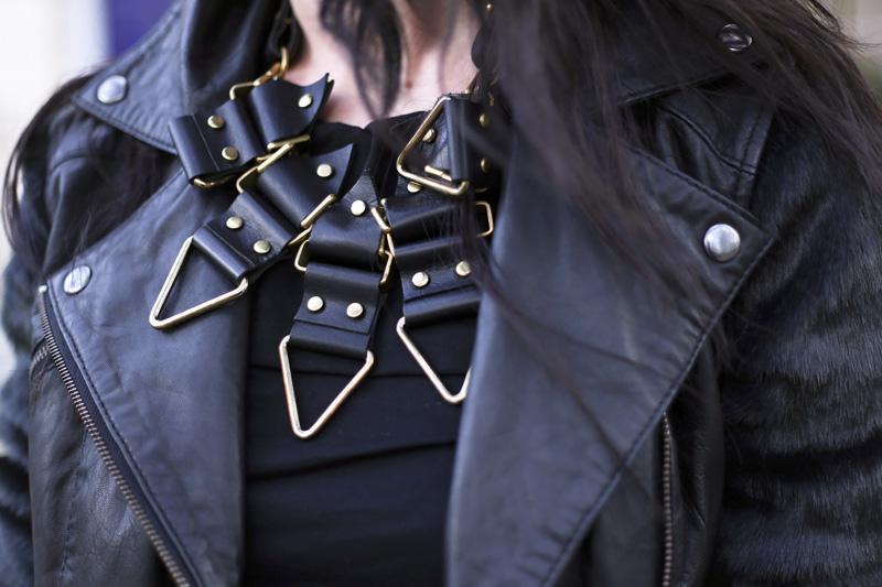Fashion Blogger FAIIINT wearing Moxham Anubis Necklace, Topshop Boutique Dress, ASOS Leather & Faux Fur Jacket, All Black, Street Style. Photo courtesy of Kylie at Memoir Mode.