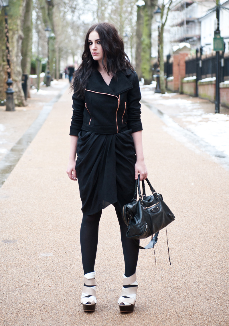 FAIIINT, Outfit, Minkpink, Melody, Biker, Jacket, Wool, MeeMee, MeeMee.com, Allsaints, Draped, Silk, Dress, Finsk, Wedges, Bandage, Black, Nude, White, Purple, Balenciaga, City