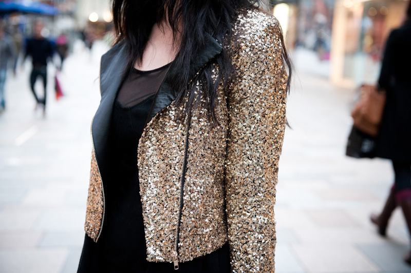 FAIIINT, Outfit, Black, Gold, Sequin, Glitz, Sparkle, Festive, Biker, Jacket, Mary Jane Fashion, ASOS, Dress, Mesh, Denim, Drape, Mango, Cardigan, Asymmetric