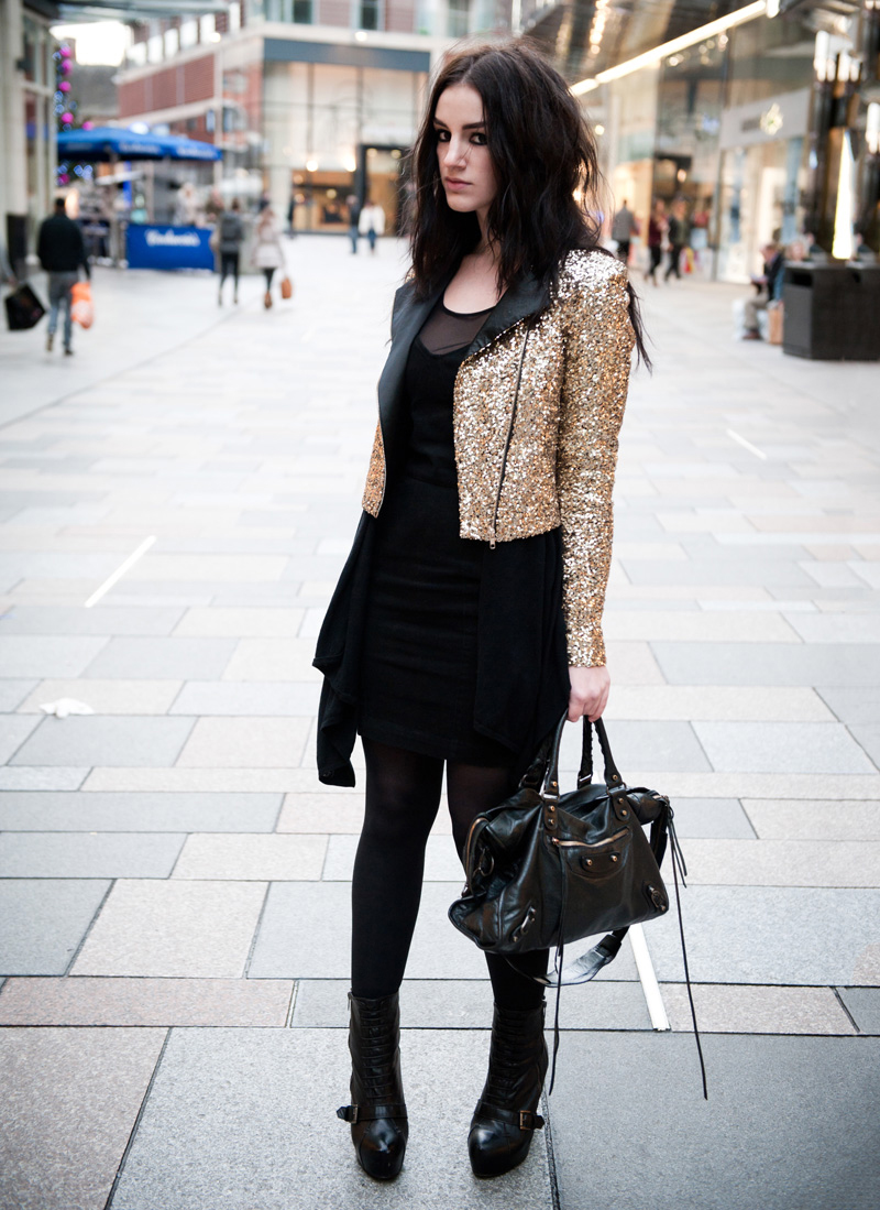 FAIIINT, Outfit, Black, Gold, Sequin, Glitz, Sparkle, Festive, Biker, Jacket, Mary Jane Fashion, ASOS, Dress, Mesh, Denim, Drape, Mango, Cardigan, Asymmetric, Topshop, Boutique, Boots, Lace Up, Balenciaga, City, Bag, Stephanie Brown, Fashion, Blogger, Style, Rock, Grunge, Goth