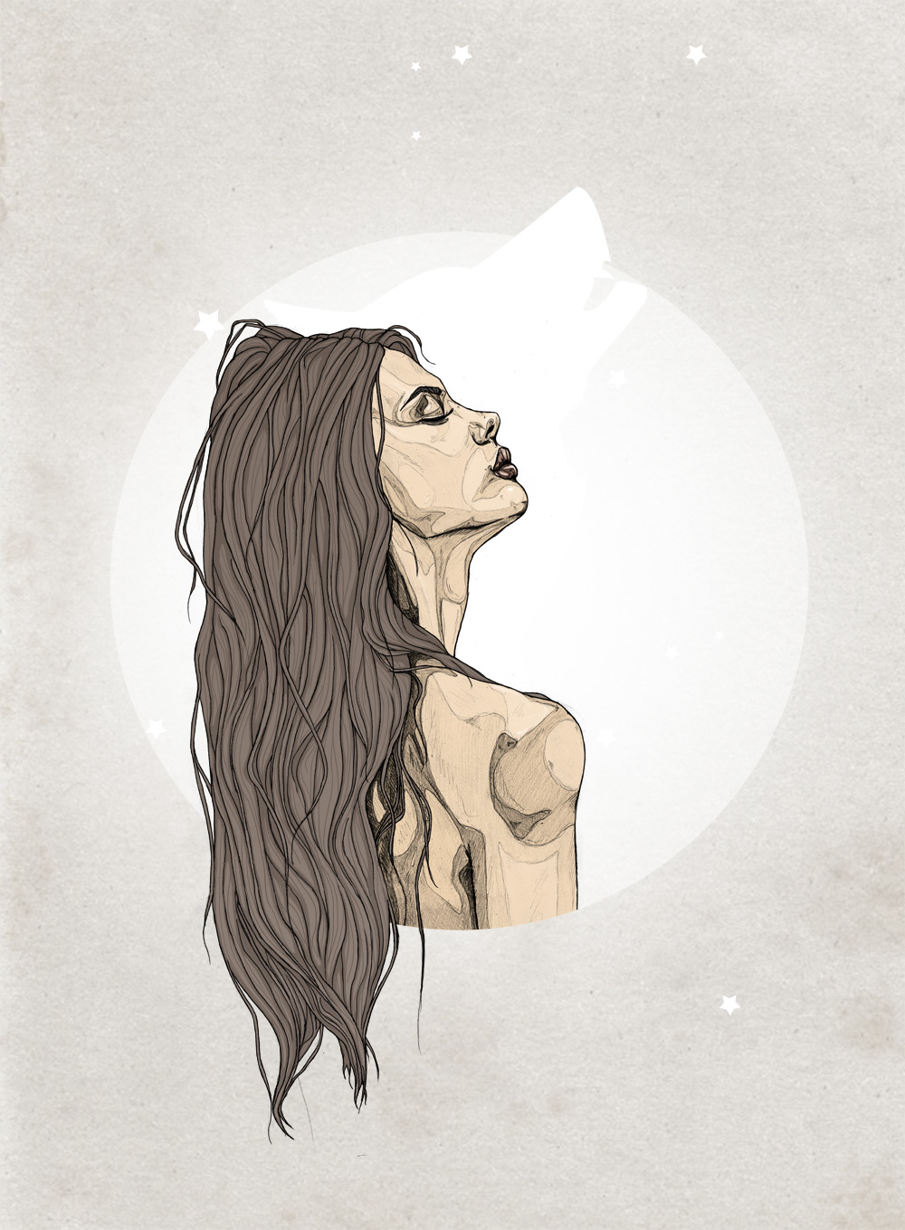 FAIIINT, Illustration, Illustrator, Wolf, Girl, Lupus, Moon, Werewolf