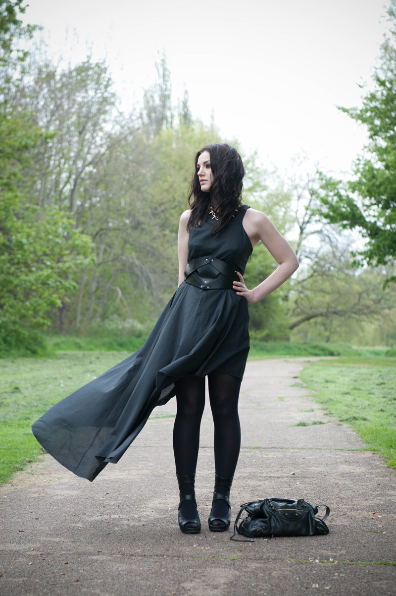 Nelly Launch Outfit FAIIINT Asymmetric Dress Nelly, Nelly.com, Launch Party, FAIIINT, Asymmetric, Dress, Black, COS Belt, Rick Owens, Wedges, ASOS, Spiked, Choker, Park, Outfit, DIY, Hand Made, Black Outfit, Black on Black, Fashion, Shoes, Style