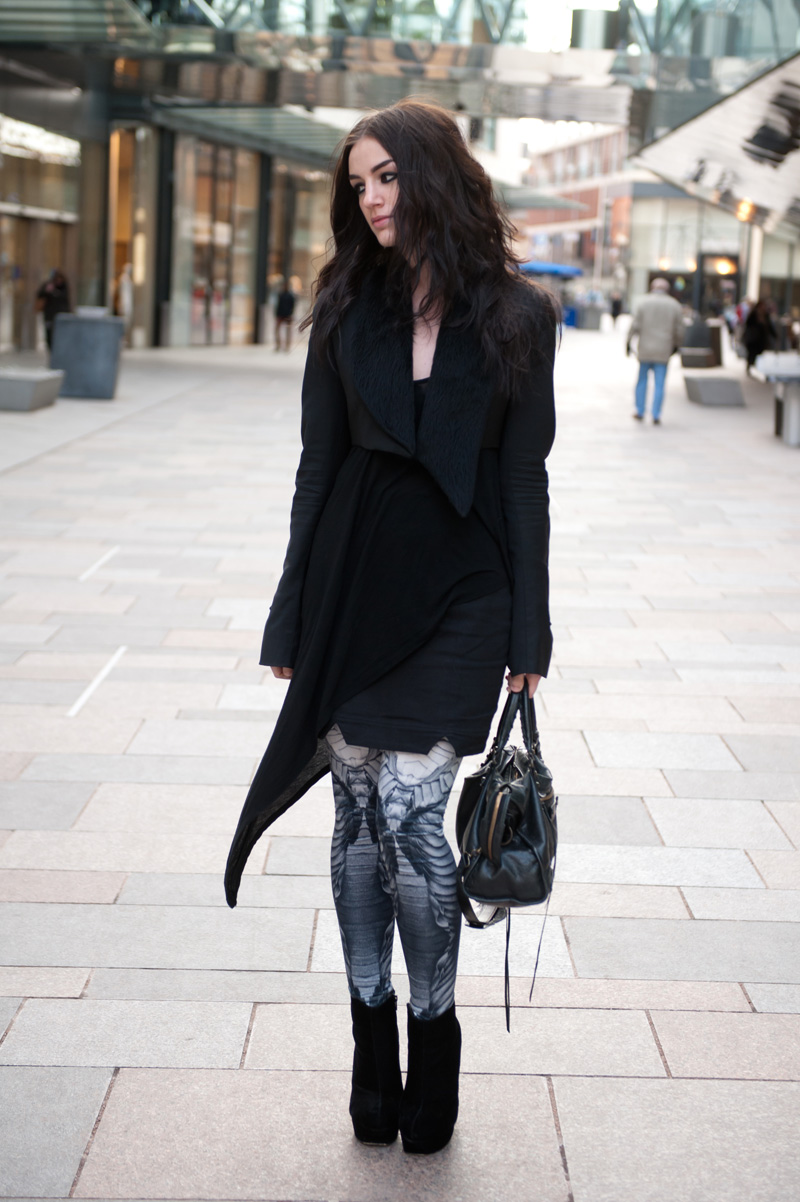 Fashion blogger FAIIINT wearing Todd Lynn for Topshop cropped tux jacket with fur collar, topshop asymmetric vest, DIY hand made skirt, Georgia Hardinge for River Island Design Forum printed leggings, Stylistpick velvet boots, Balenciaga city, Street style, Sci Fi, Outfit, Gothic