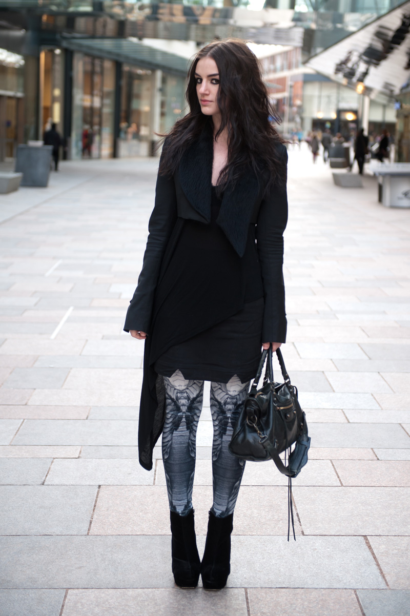 Fashion blogger FAIIINT wearing Todd Lynn for Topshop cropped tux jacket with fur collar, topshop asymmetric vest, DIY hand made skirt, Georgia Hardinge for River Island Design Forum printed leggings, Stylistpick velvet boots, Balenciaga city, Street style, Sci Fi, Outfit, Gothic