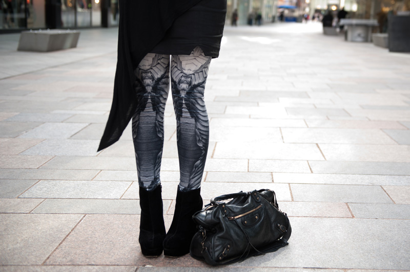 Fashion blogger FAIIINT wearing topshop asymmetric vest, DIY hand made skirt, Georgia Hardinge for River Island Design Forum printed leggings, Stylistpick velvet boots, Balenciaga city, Street style, Sci Fi, Outfit, Gothic