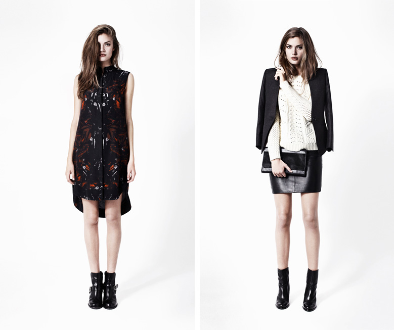 Allsaints Autumn Winter 2012 Lookbook Allsaints, Autumn, Winter, 2012, Lookbook, Opium Dress, Lena Blazer, Clara Jumper, Lucille Leather Skirt, Kubrick Clutch, Boots