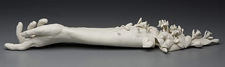 Kate MacDowell,Arm, Amputated, Flowers, Growth, porcelain, Glaze, White, Delicate, Fragile, Beautiful, Handcrafted, Art, Sculpture, Macabre, Nature, Anatomy, Human, Birds, Hand Built, Haunting, China,