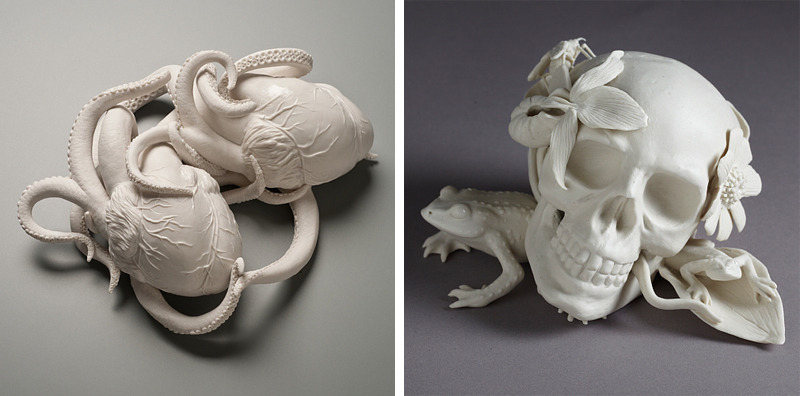 Kate MacDowell, Entangled, Memento More, Skull, Heart, Tentacles, Frog, Flowers, Death, porcelain, Glaze, White, Delicate, Fragile, Beautiful, Handcrafted, Art, Sculpture, Macabre, Nature, Anatomy, Human, Birds, Hand Built, Haunting, China,
