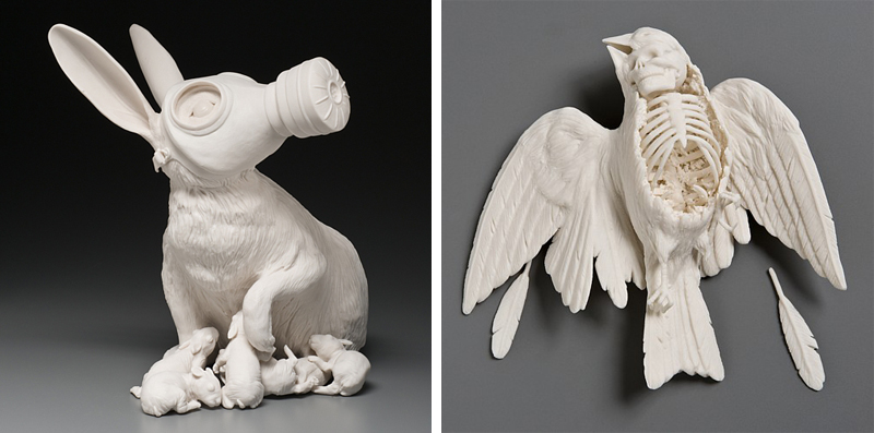 Kate MacDowell, Sparrow, Rabbit, Gas Mask, Skeleton, Skull, Death, porcelain, Glaze, White, Delicate, Fragile, Beautiful, Handcrafted, Art, Sculpture, Macabre, Nature, Anatomy, Human, Birds, Hand Built, Haunting, China,