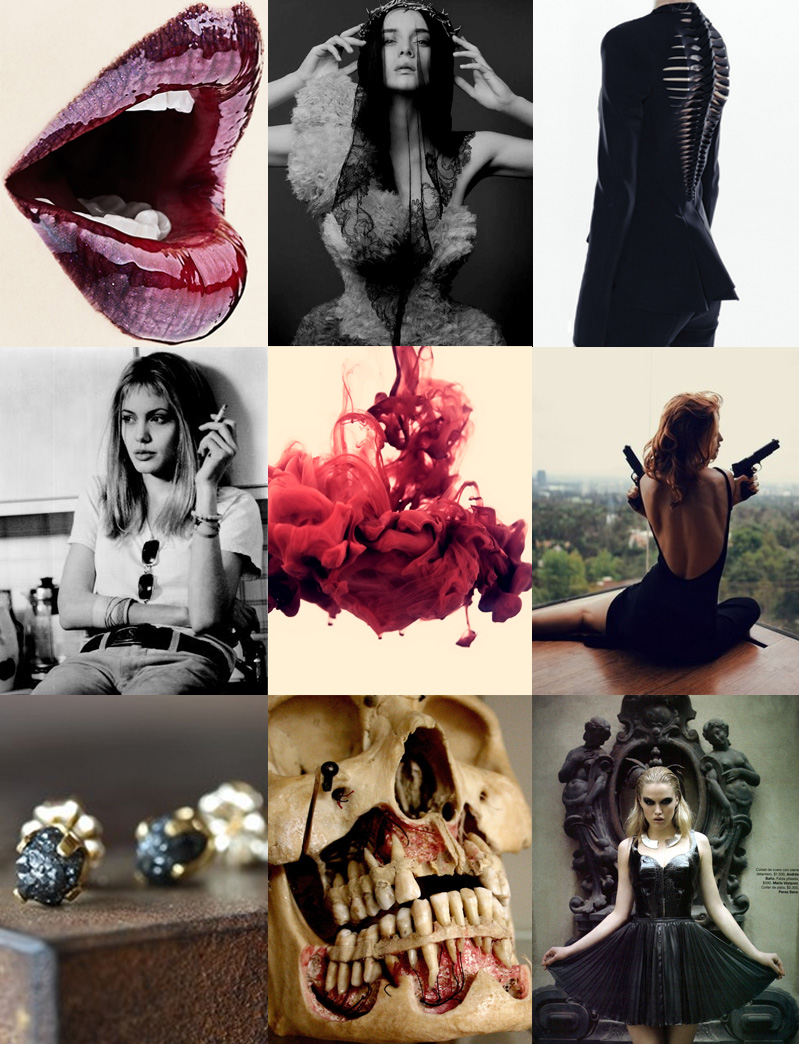Inspiration Inspiration, Mood Board, Collage, Black, Red, White, Flesh, Nude, Anatomy, Skull, Blood, Gun, Lips, Mouth, Diamonds, Gothic