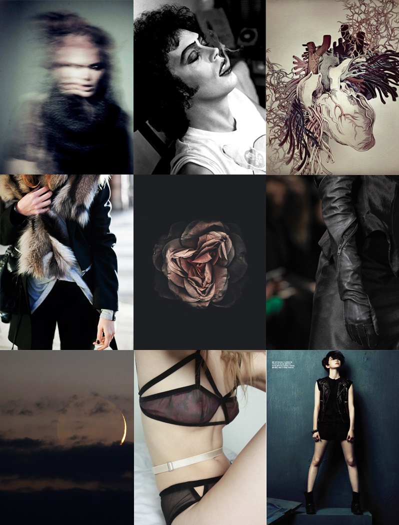 Inspiration, Mood Board, Anatomy, Rocky Horror, Underwear, Lingerie, Rose, Fur, Leather, Androgyny, Black, Grey, Pink, Beige, Nude, Feminine, Masculine, Hard, Soft