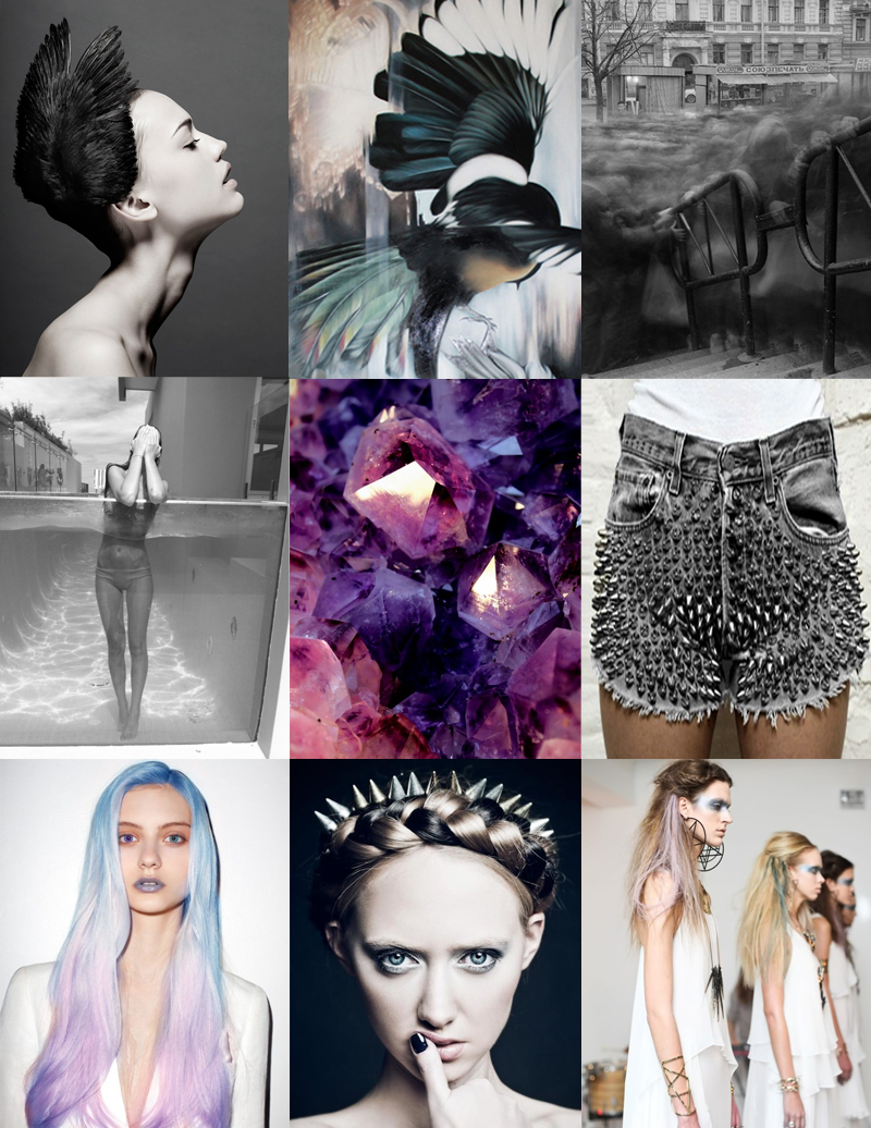 FAIIINT Inspiration FAIIINT, Inspiration, Purple, Pink, Blue, Grey, Black, Lilac, Pastel, Spikes, Studs, Bird, Wing, Ombre, Dip Dye, Braid, Plait, Pamela Love, Water, Crystal, Raw