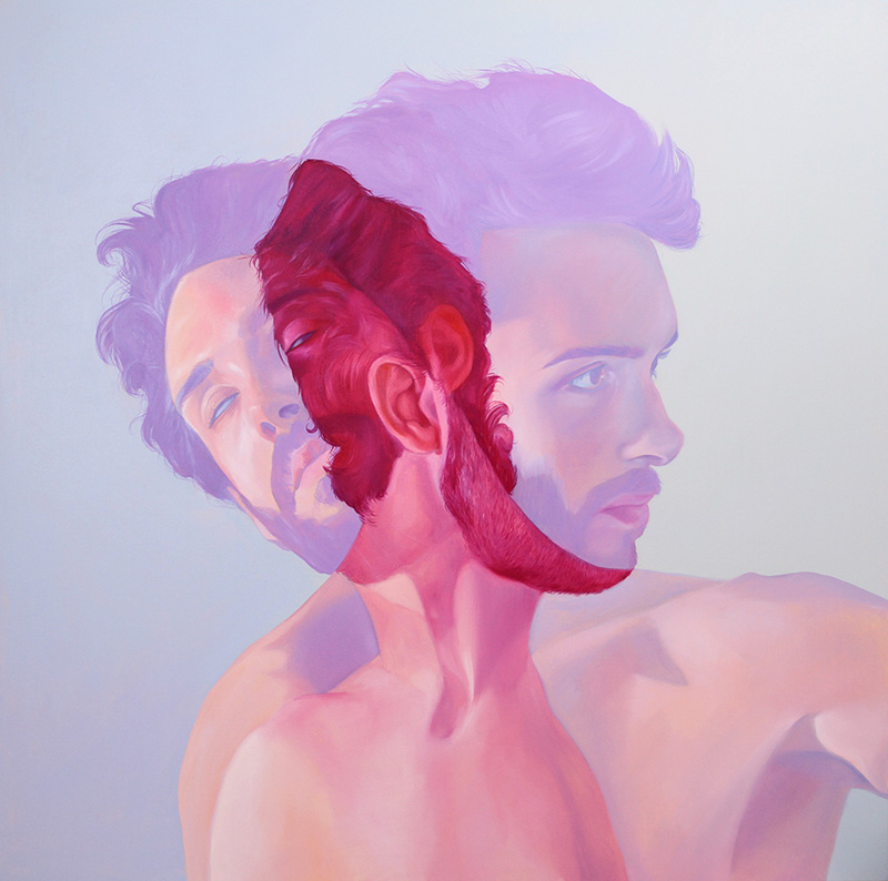 Jen Mann Strange Beauties sway pink & blue man, art, painting, illustration, realistic, double exposure