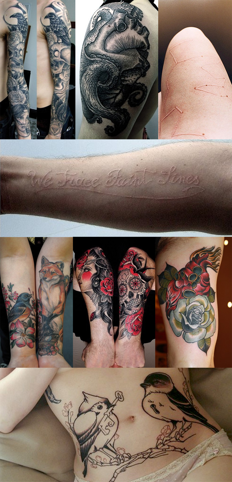 Tattoo Inspiration Tattoo, Arm, Wrist, Leg, Sleeve, Skull, Rose, Crow, Bird, Key, Raven, Fox, Sugar Skull, Anatomical, Heart, Octopus, Constellation, White Ink, Black & Grey, Flowers