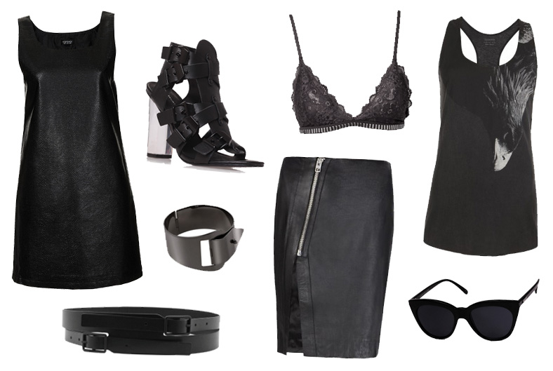 Fashion blogger FAIIINT dark summer style wishlist outfit. Topshop snake print textured dress, Kurt Geiger buckle heels, Issue 1.3 bra, Allsaints tank top bird & leather wrap skirt, COS double wrap belt, Le Specs Halfmoon magic,